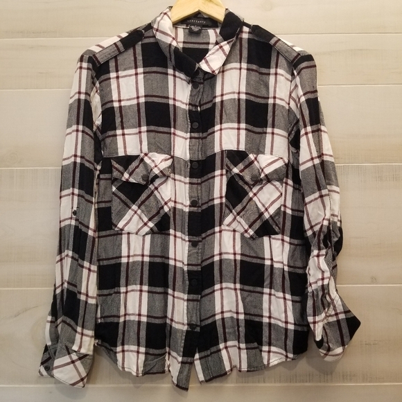 {L} Sanctuary Plaid Button Down Shirt Maroon Black White - Picture 1 of 10